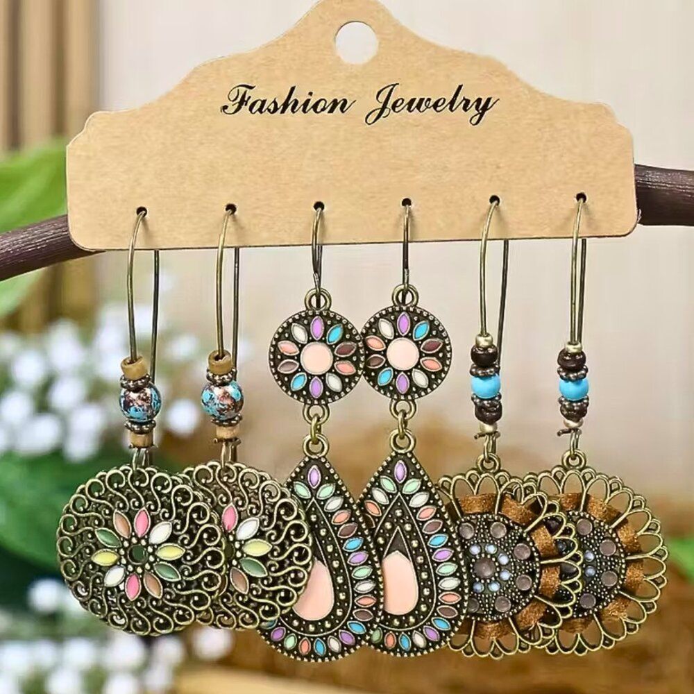 Bohemian Earring Beaded set of 3 Vacation Style Vintage-Inspired Dangle Earrings